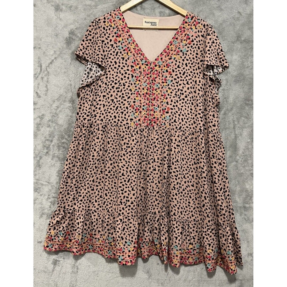 Savanna Jane Leopard Print Embroidered V-Neck Tunic Mini Dress Plus Size 2X - Picture 1 of 10